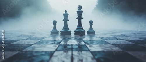 Black and white chess pieces on a chessboard with a foggy forest background