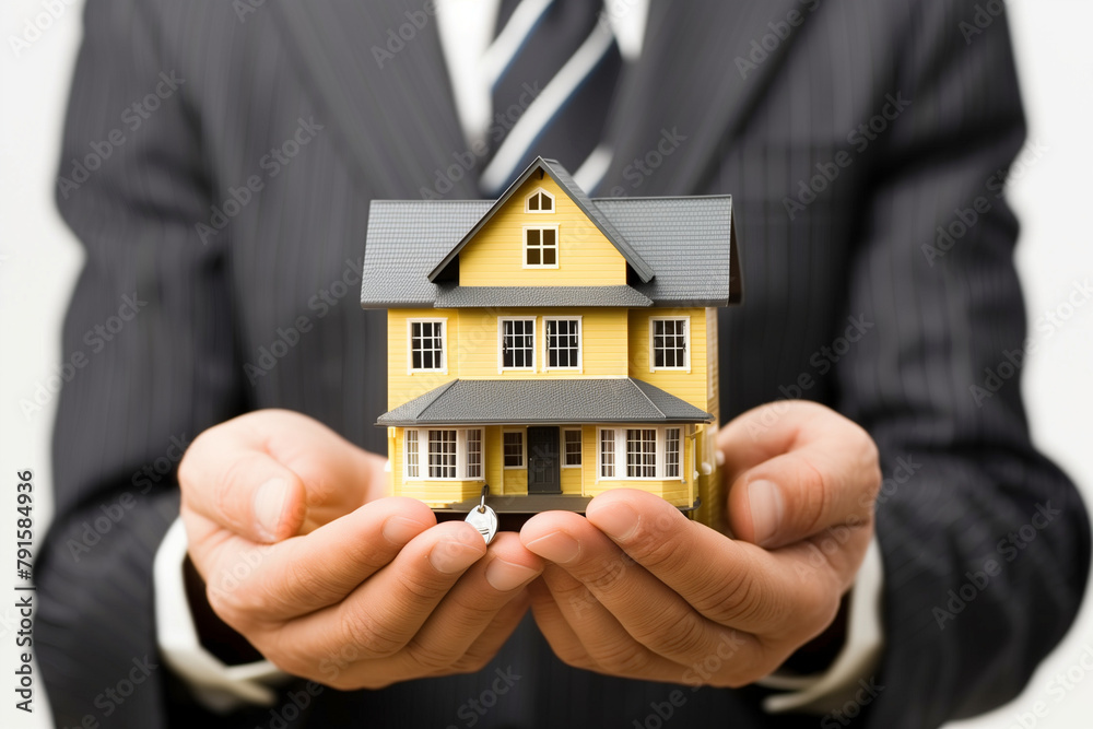 Businessman holding a miniature house in his hands Businessman holding a miniature house in his hands
