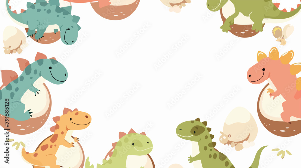 Cartoon round frame of little cute happy dinosaurs 