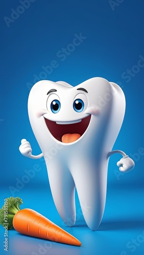 Schilderij op canvas Vertical photo of cartoon cheerful tooth with a carrot
