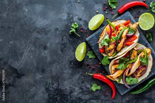 Vibrant Mexican tacos with fresh ingredients on a dark concrete background in a top view style © ink drop