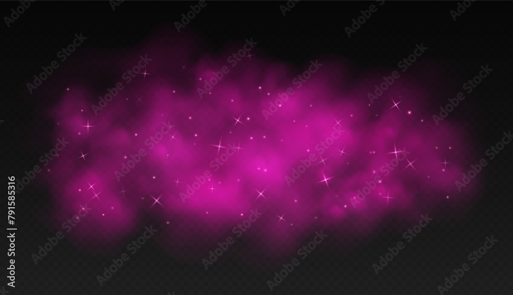 Naklejka premium Pink magic smoke with stars and sparkles, fog with glowing particles, colorful vapor with star dust. Fantasy haze overlay. Vector illustration.