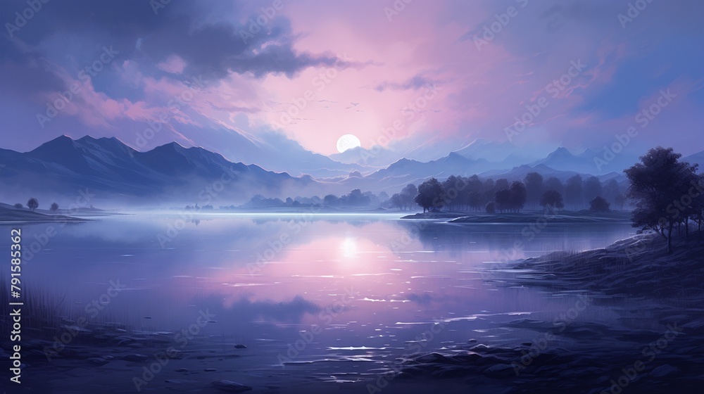 A tranquil backdrop of misty blues and purples, evoking the serenity of a tranquil evening sky.