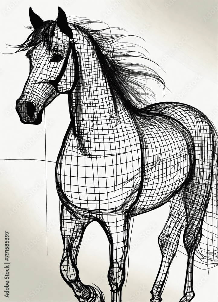 Fototapeta premium Drawing,horse, animal, vector, illustration, stallion, head, mammal, drawing, wild, sketch, farm, mustang, mane, black, art, nature, equestrian, design, running, equine, silhouette, outline, riding