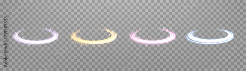 Glowing magic rings set. Neon realistic energy flare rings with sparkling particles. Abstract light effect on a dark transparent background. Vector illustration.