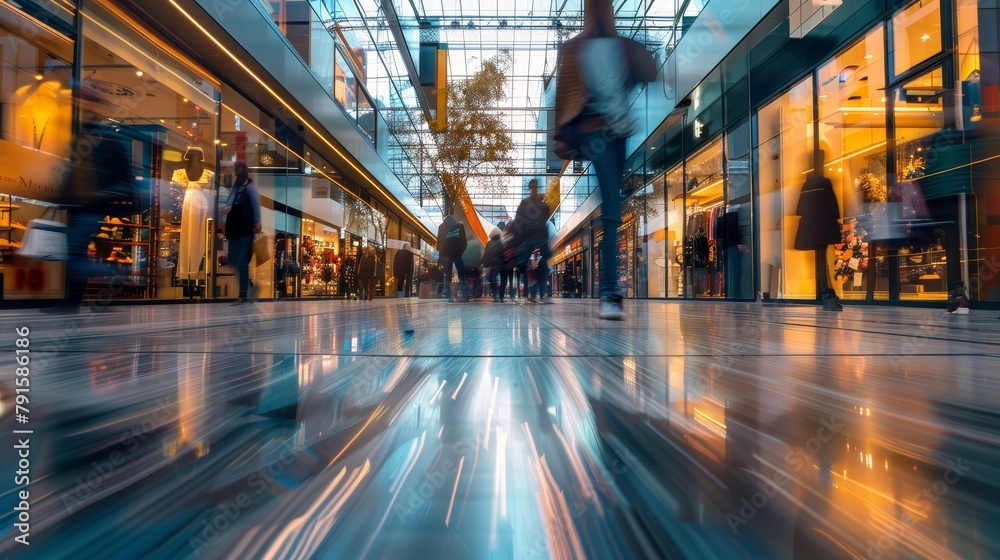 Blurry figures moving through glass building in urban metropolis mall Blurry figures moving through glass building in urban metropolis mall
