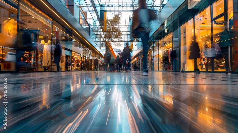 Blurry figures moving through glass building in urban metropolis mall