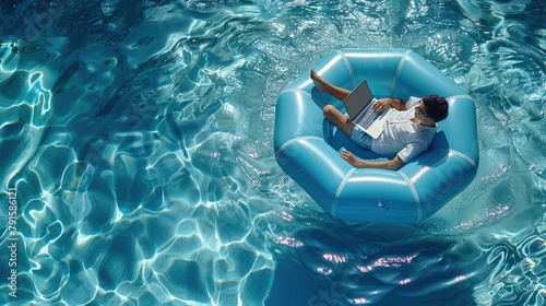 A man works with a laptop on an inflatable blue raft in the form of a hexagon on the surface of the pool. top view. Generative AI. photo
