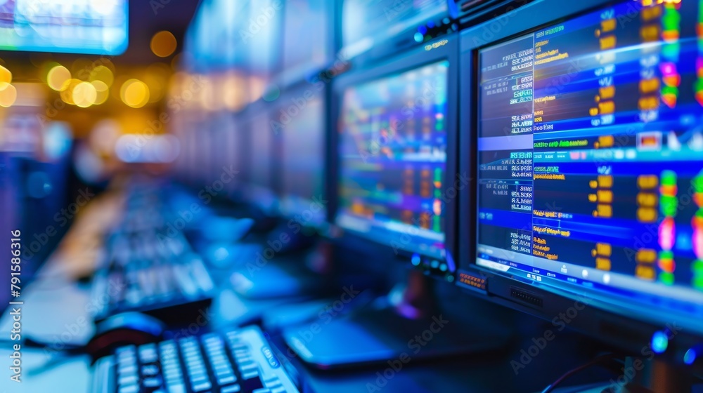 Rows of computer monitors displaying financial information AI generated illustration Rows of computer monitors displaying financial information AI generated illustration
