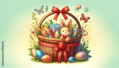 Easter Basket with Bunny and Colorful Eggs Illustration 