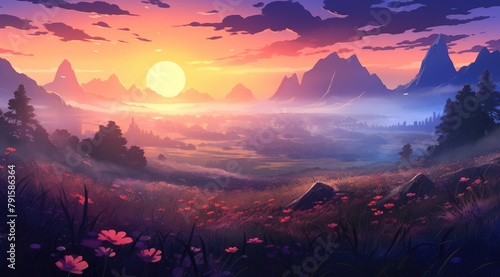 Mystical misty meadow with vibrant dawn flowers #791586364