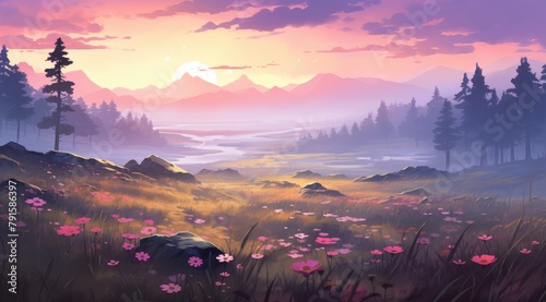 Mystical misty meadow with vibrant dawn flowers #791586397