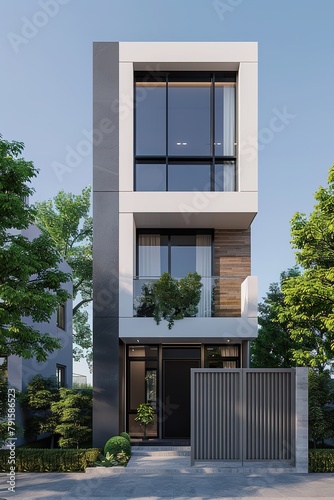 Front view of the facade of a narrow, two-story, luxurious house surrounded by greenery on an urban street. Real estate photography