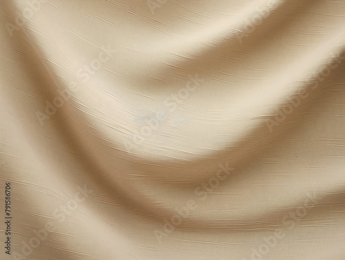 Tan linen fabric with abstract wavy pattern. Background and texture for design, banner, poster or packaging textile product. Closeup. with copy space 