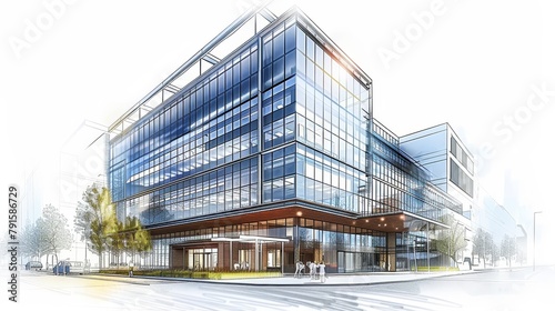 Sketch of a modern glass-walled office building AI generated illustration