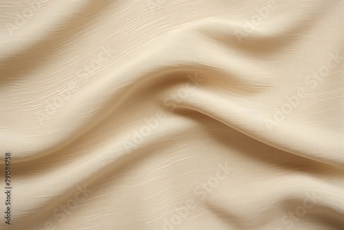Tan linen fabric with abstract wavy pattern. Background and texture for design, banner, poster or packaging textile product. Closeup. with copy space 