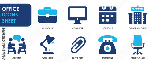 Office icon set. Containing briefcase, desk, computer and so on. Flat office related icons set.