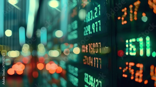 Stock market tickers scrolling across a large screen  AI generated illustration photo