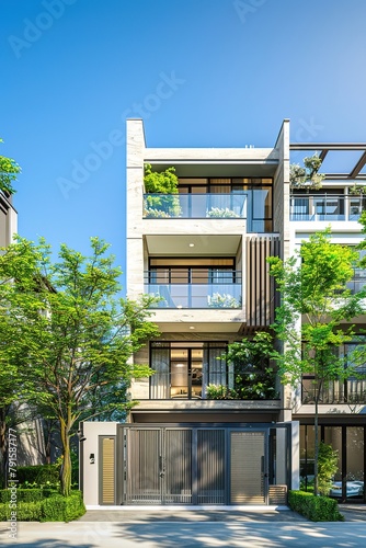 Front view of modern style of small narrow three-story apartment building, with big balconies, trees around building, blue sky background. Real estate concept