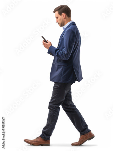 businessman using smartphone while walking, side view full body isolate on transparency background PSD