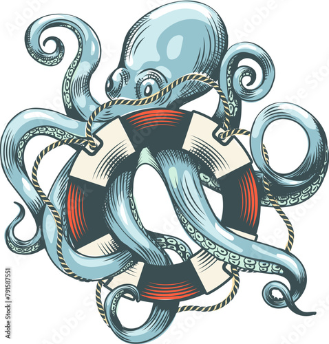 Cartoon octopus with life buoy