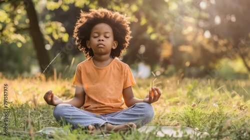 A cute child practicing deep breathing exercises or meditation, promoting mental well-being and stress management for overall health photo