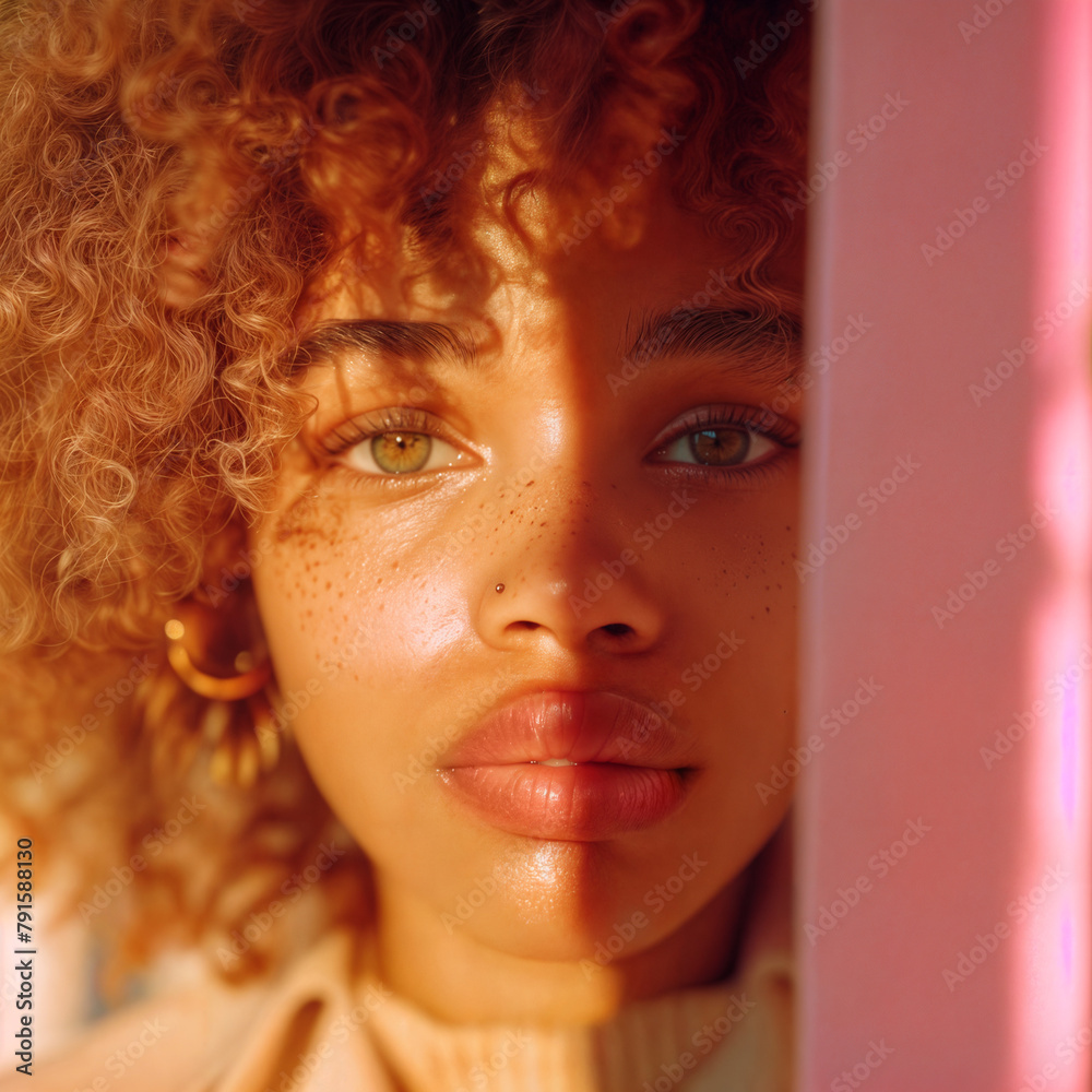 Obraz premium Portrait of young African American woman with curly hair standing behind a pink wall in a shadow
