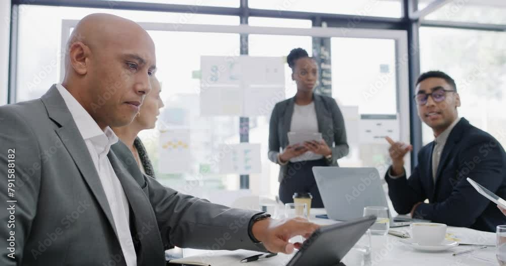 Business people, meeting and manager speaking with digital tablet for schedule, agenda and workflow management. Professional executive, auditor or analyst with group of employees talking and planning Business people, meeting and manager speaking with digital tablet for schedule, agenda and workflow management. Professional executive, auditor or analyst with group of employees talking and planning