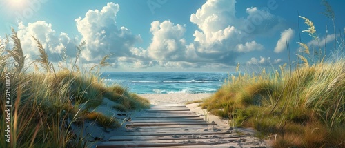A wooden walkway leads through a grassy sand dune to a bright sunny beach with blue ocean waves. photo