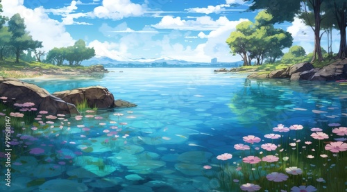 Timeless lagoon with eternal spring blossoms, an idyllic seasonal haven