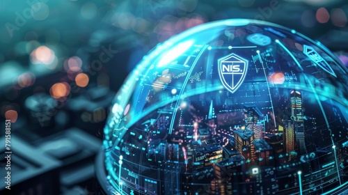 Illustrate a digital city under a protective dome with symbols of the NIS2 Directive and Cyber Resilience Act engraved on it, signifying the security and compliance umbrella these regulations provide  photo