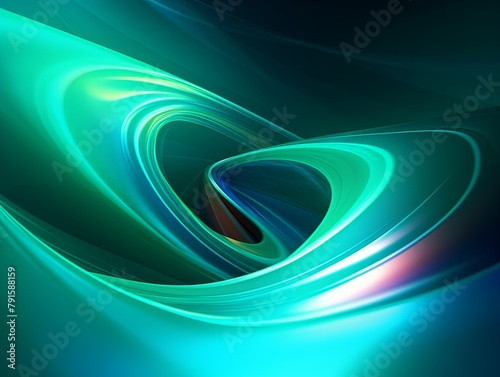 Teal abstract background with spiral. Background of futuristic swirls in the style of holographic. Shiny, glossy 3D rendering. Hologram with copy space