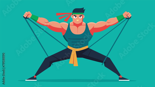 A fighter using resistance bands to simulate the constant resistance and tension of grappling building endurance for longer matches.