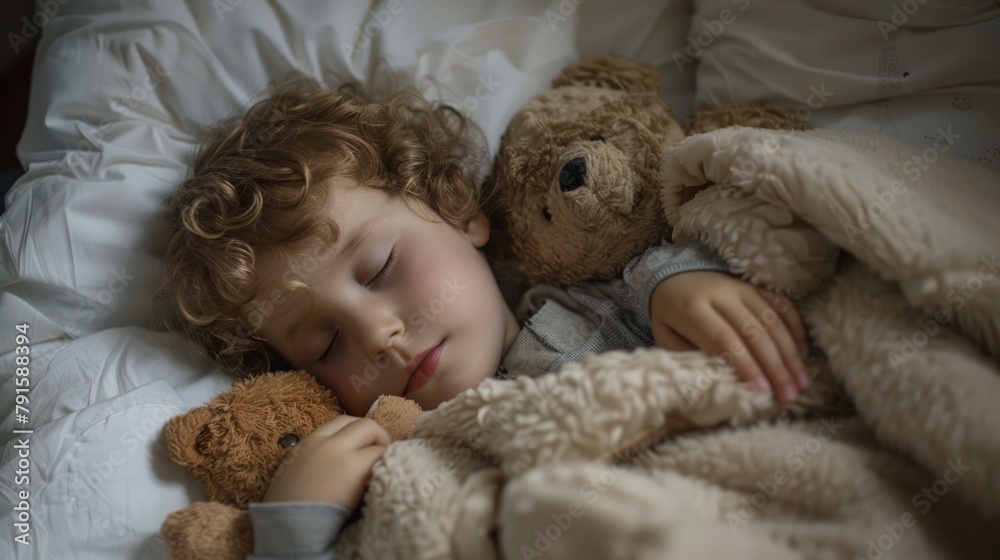 child sleeping peacefully in bed with a soft toy, emphasizing the importance of sufficient sleep for growth and health