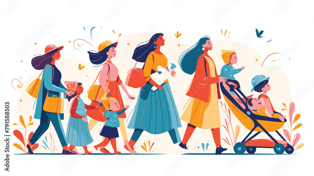 Group of cute women with babies in prams and stroll