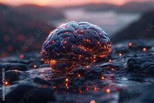 Reseau de neurones gerant le cloud computing, visualisation de lIA comme un cerveau connectant des donnees photo