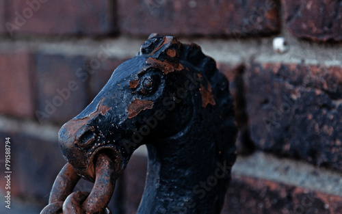 detail from old railing of metal chain representing a horse's head