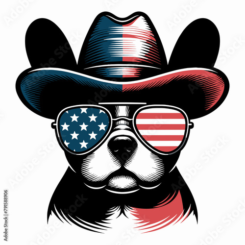 French Bulldog Wear USA Top Hat, 4th of July patriotic American flag, Cartoon Clipart Vector illustration, Independence day themed Mascot Logo Character Design, presidential election