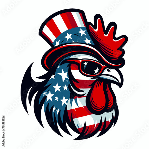 Chicken Wear USA Top Hat, 4th of July patriotic American flag, Cartoon Clipart Vector illustration, Independence day themed Mascot Logo Character Design, presidential election