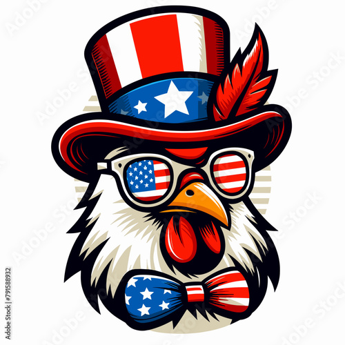 Chicken Wear USA Top Hat, 4th of July patriotic American flag, Cartoon Clipart Vector illustration, Independence day themed Mascot Logo Character Design, presidential election