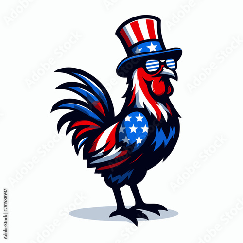 Chicken Wear USA Top Hat, 4th of July patriotic American flag, Cartoon Clipart Vector illustration, Independence day themed Mascot Logo Character Design, presidential election