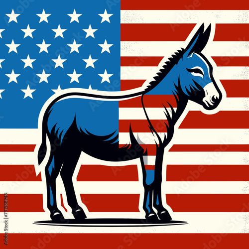 Donkey Wear USA Top Hat, 4th of July patriotic American flag, Cartoon Clipart Vector illustration, Independence day themed Mascot Logo Character Design, presidential election