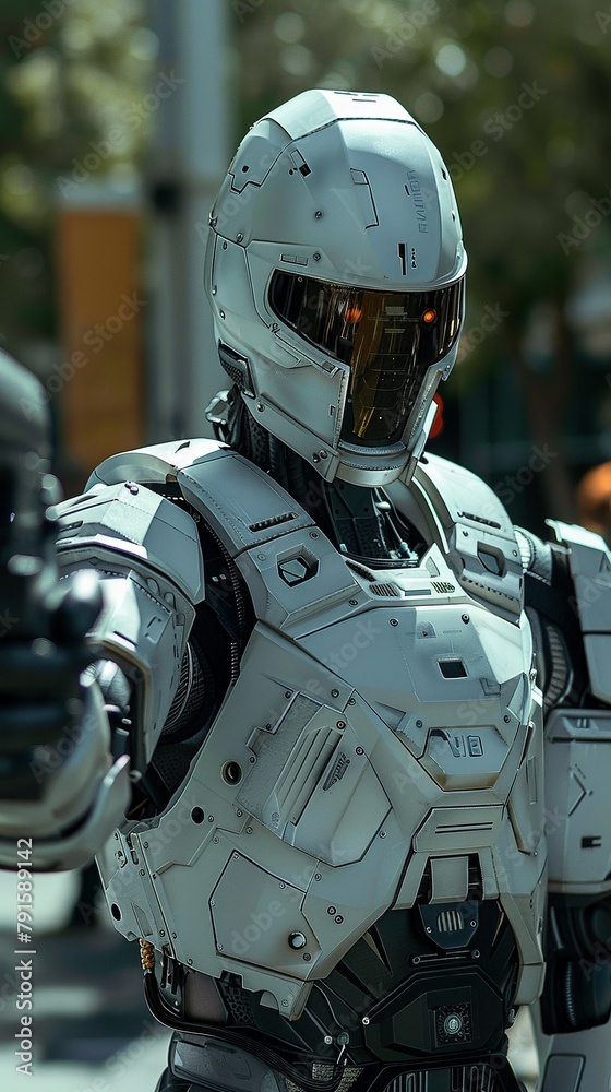 A photo of a futuristic robot cop standing in the middle of a city street. A photo of a futuristic robot cop standing in the middle of a city street.