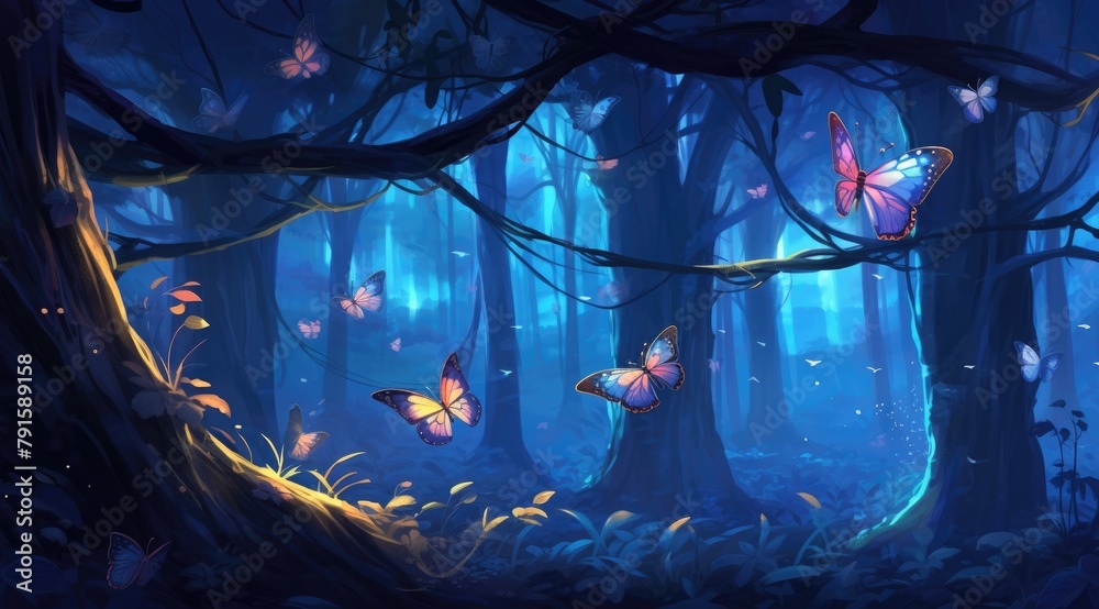 Enchanted forest haven with giant astral butterflies among mystical trees - obrazy, fototapety, plakaty 
