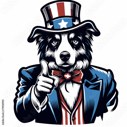 Australian Shepherd Dog Wear USA Top Hat, 4th of July patriotic American flag, Cartoon Clipart Vector illustration, Independence day themed Mascot Logo Character Design, presidential election