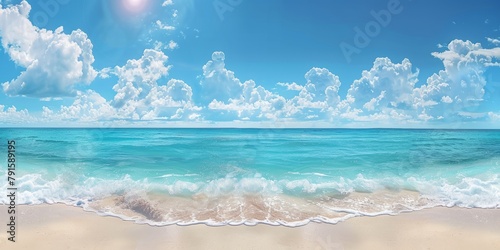 Panoramic view of the pristine beach with cliffs, clear blue sky and gentle waves on a sunny day © Anna