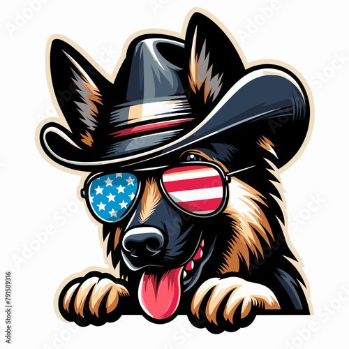 German Shepherd Dog Wear USA Top Hat, 4th of July patriotic American flag, Cartoon Clipart Vector illustration, Independence day themed Mascot Logo Character Design, presidential election