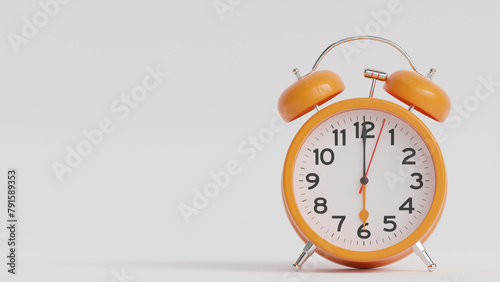 Yellow alarm clock on white background. The clock hand shows 6 o'clock (ID: 791589353)