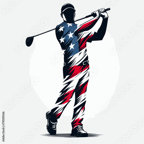 Golf Sport Player, 4th of July patriotic American flag, Cartoon Clipart Vector illustration, Independence day themed Mascot Logo Character Design, presidential election