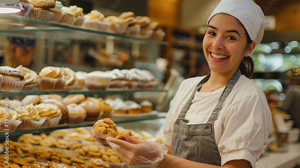 Happy Bakery Employee Offering Freshly Baked Cookies